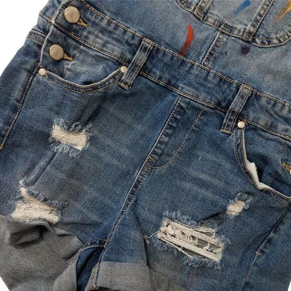 Distressed Denim Bib Overalls Paint Splatter Blue Spice Shortalls Juniors Size 5 - Picture 4 of 7